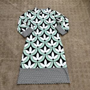 J. McLaughlin Sheath Dress Women's S Geometric 3/4 Sleeve Green Catalina Cloth
